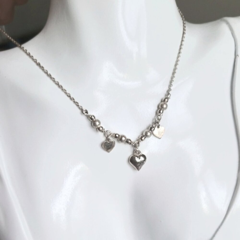Vintage Sterling Silver Soft Girl Dainty Layered Dangle Heart Love Necklace